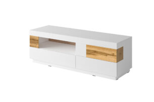 SILKE, https://konsimo.de/kollektion/silke/ TV-Schrank 160 cm mit Einlegeböden modern weiß / Eiche weiß glänzend/ eiche wotan - Foto