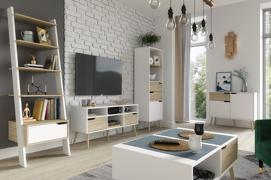 FUNDO TV-Schrank auf Füßen mattweiß/ sonoma eiche - Foto 1