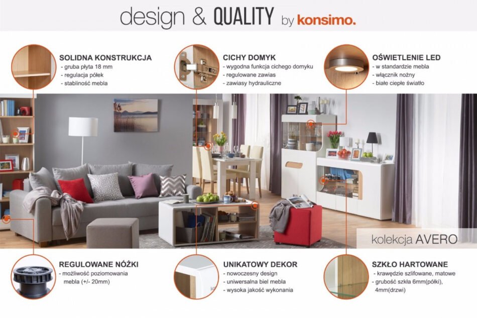 AVERO Große Kommode mit Vitrine 165 cm im skandinavischen Stil Grau-Eiche eiche/grau-beige - Foto 5