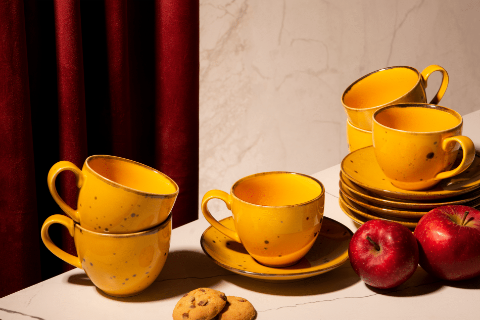 ALUMINA Set von großen Teebechern mit Untertassen polnisches Porzellan Cottage Yellow für 6 Personen cottage gelb - Foto 1