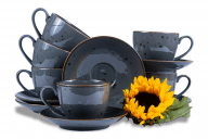 Set von großen Teebechern mit Untertassen polnisches Porzellan Cottage Graphit für 6 Personen