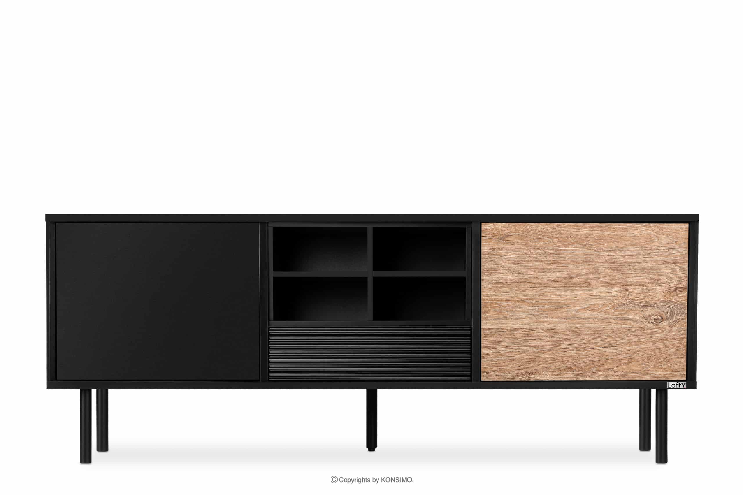 Breiter schwarzer TV-Schrank im Loft-Stil mit Regalen