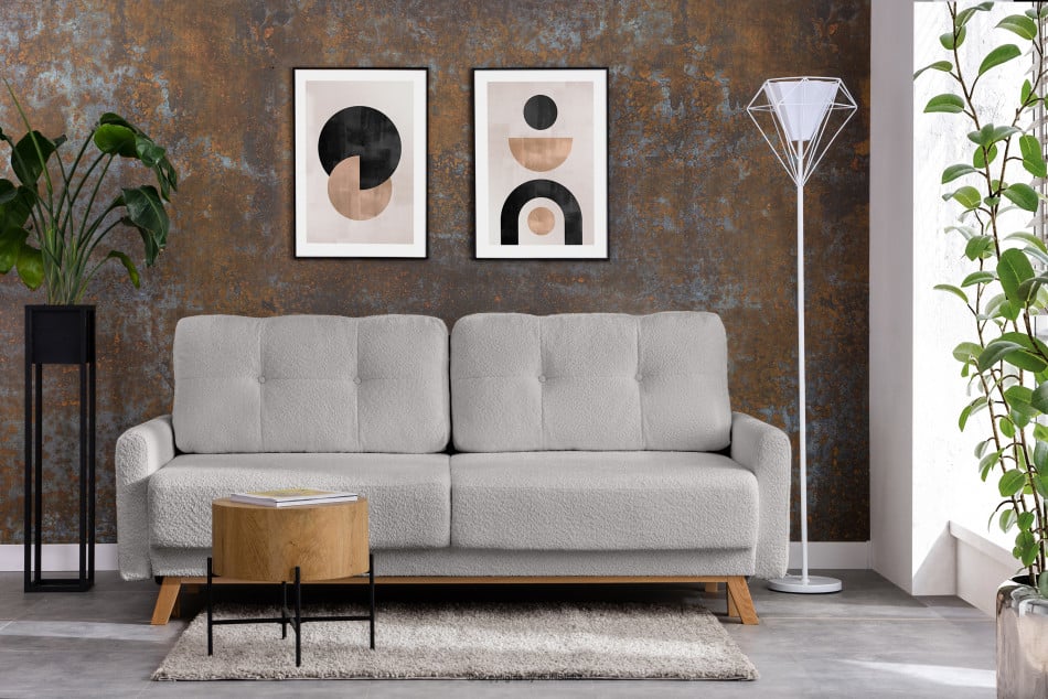 VISNA Skandinavisches Sofa Wohnzimmer mit Stauraum für Bettwäsche - Hellgrau Bouclé grau - Foto 1