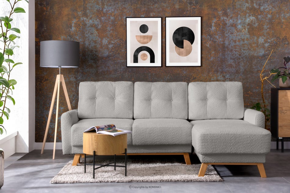 VISNA Ausziehbare Eckcouch für das Wohnzimmer mit Stauraum für Bettwäsche - Grau (rechts) Bouclé grau - Foto 1