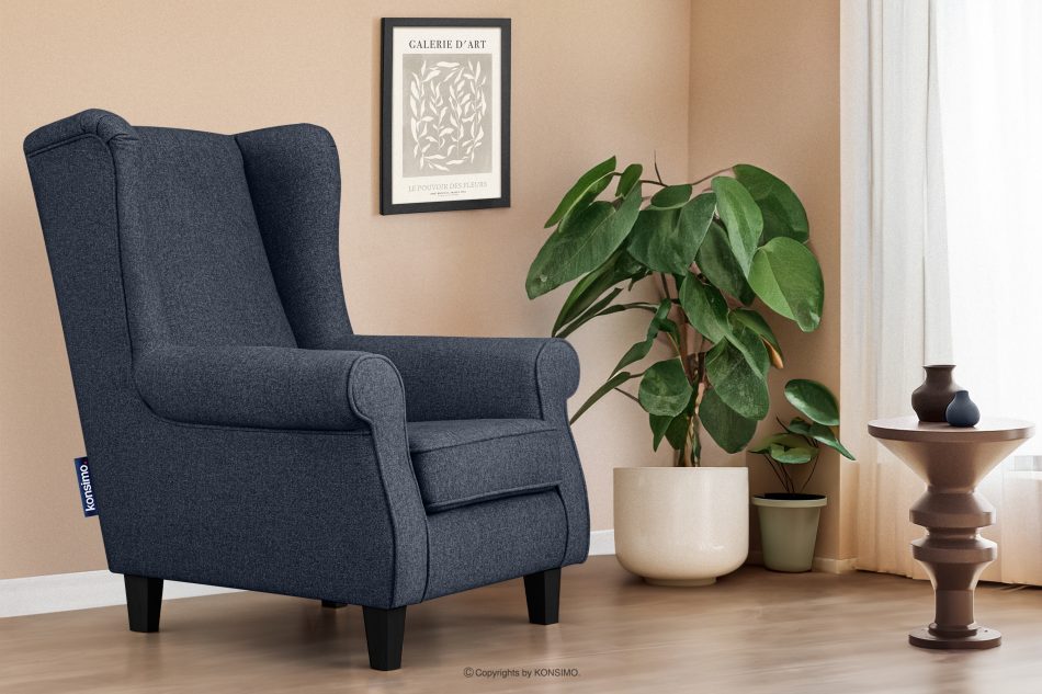 MILES Vintage Ohrensessel auf Holzbeinen marineblau/schwarz marineblau/schwarz - Foto 1