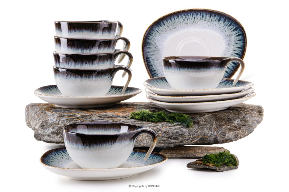 TIME DIM Tasse mit Untertasse 6tlg. weiß/braun/blau - Foto 0