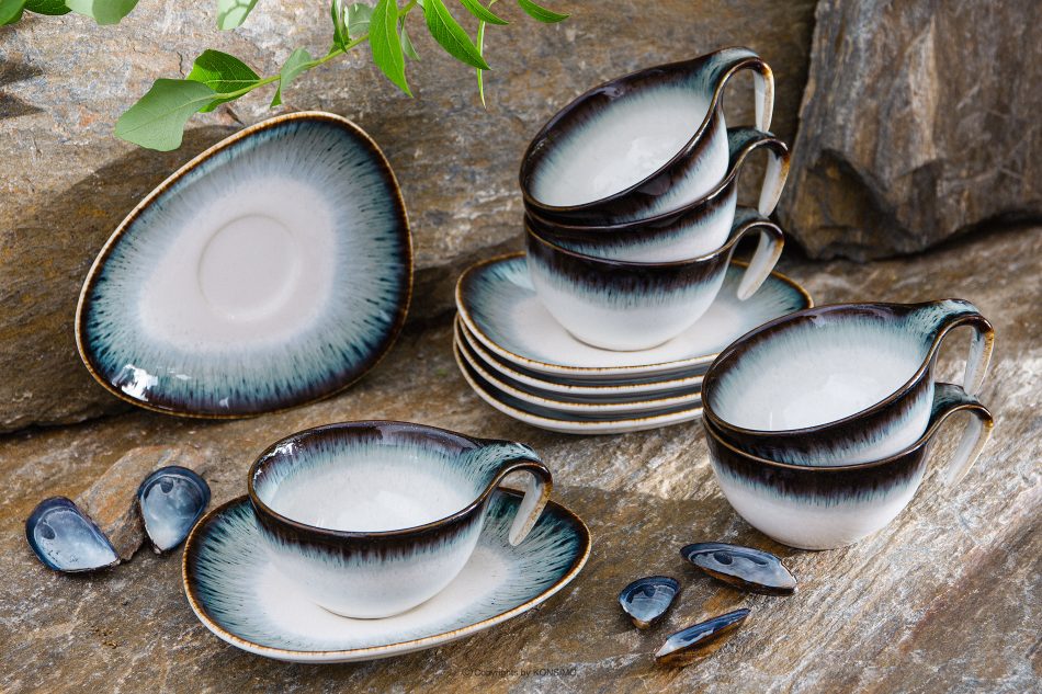 TIME DIM Tasse mit Untertasse 6tlg. weiß/braun/blau - Foto 1