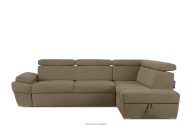 Ecksofa rechts mit Schlaffunktion und Bettzeugcontainer in hellbraun