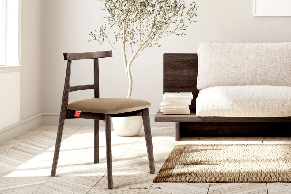 LILIO Vintage-Stuhl aus Velours-Stoff/dunkelem Nussbaumholz beigefarben beige/dunkle Walnuss - Foto 8