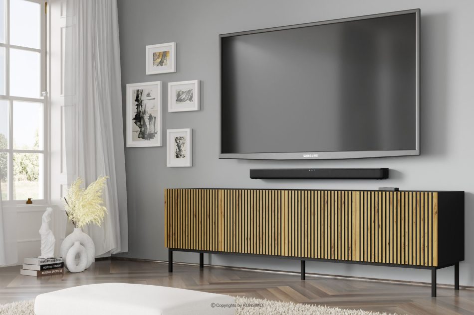 REMO TV-Schrank mit Rippen auf schwarz/eiche artisan Beinen schwarz/eiche artisan - Foto 1
