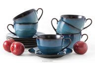 Espresso-Kaffee-Set 6 Personen (12 tlg.) reaktive Glasur blau/schwarz matt
