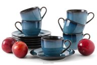 Espresso-Kaffee-Set 6 Personen (12 tlg.) Reaktivglasur blau/schwarz matt