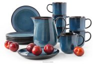 Teeservice 6 Personen (13 tlg.) Reaktivglasur blau/schwarz matt
