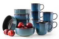 Frühstücksset 6 Personen (12 tlg.) Reaktivglasur blau/schwarz matt