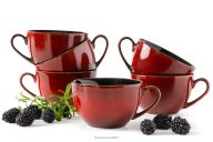 Kaffeetasse Keramik / reaktive Glasur rot/schwarz glänzend 6 tlg.