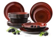 Tafelservice Keramik / reaktive Glasur rot/schwarz glänzend 6-Personen (18 tlg.)
