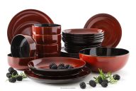 Tafelservice Keramik / reaktive Glasur rot/schwarz glänzend 6-Personen (25 tlg.)