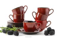 Espresso-Kaffee-Set Keramik / reaktive Glasur rot/schwarz glänzend 6-Personen (12 tlg.)
