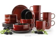 Frühstücksset Keramik / reaktive Glasur rot/schwarz glänzend 6-Personen (18 tlg.)