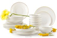 Tafelservice Hartporzellan gebrochenes Ecru/Gold 6 Personen (24 tlg.)