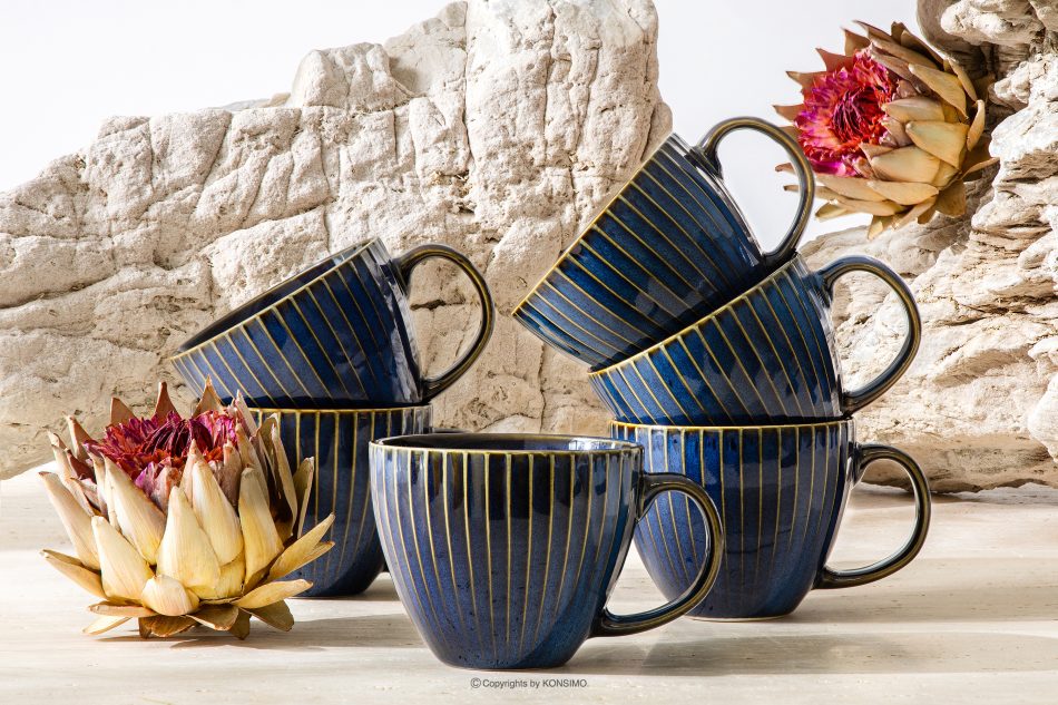 AD STRIPES Große Kaffeetasse 6 tlg. aus Porzellan reaktiv dunkelblau marineblau - Foto 1