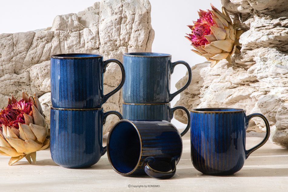 AD STRIPES Becher 6 tlg. reaktives Porzellan dunkelblau marineblau - Foto 1