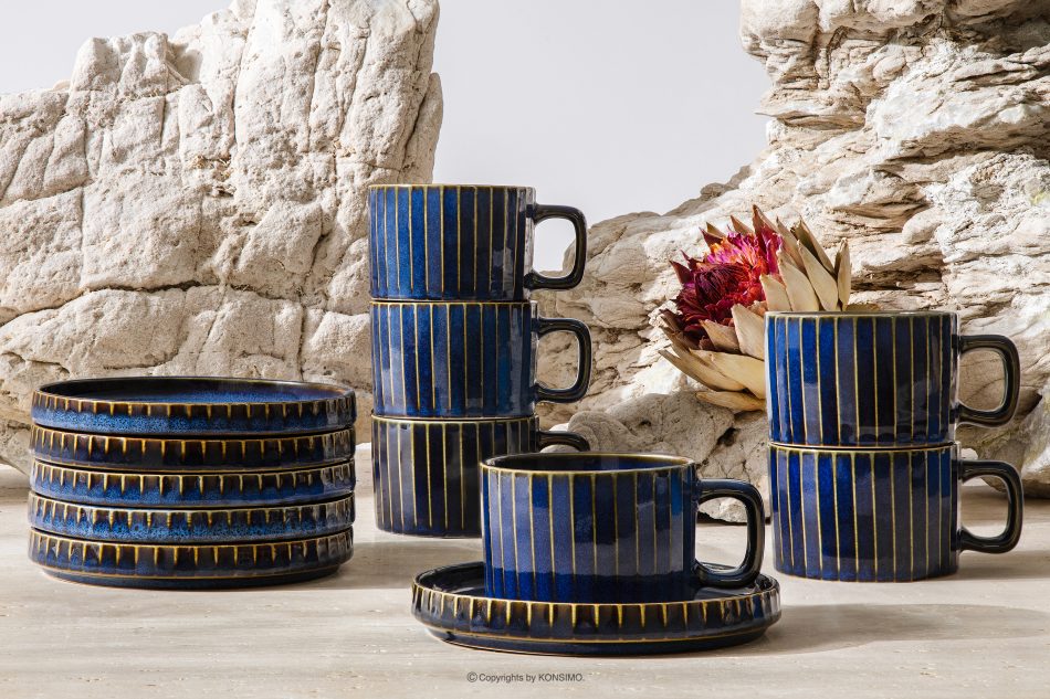 AD STRIPES Kaffeeset 6 Personen (12 tlg.) aus reaktivem Porzellan dunkelblau marineblau - Foto 1