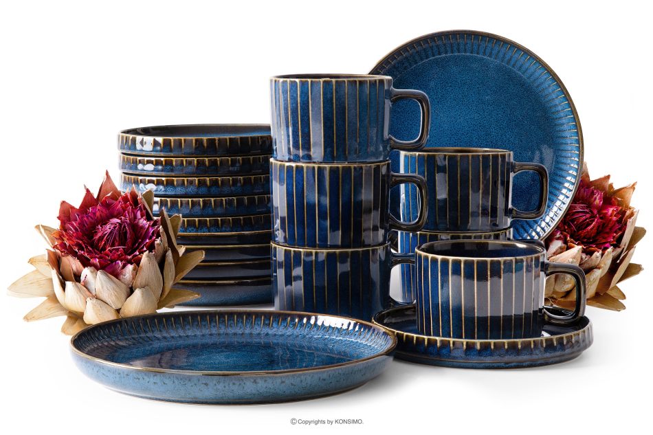 AD STRIPES Kaffeeservice 6 Personen (18 tlg.) aus reaktivem Porzellan dunkelblau marineblau - Foto 0