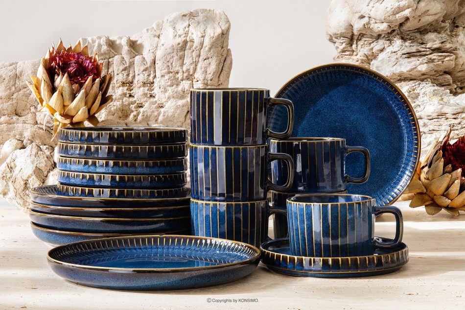AD STRIPES Kaffeeservice 6 Personen (18 tlg.) aus reaktivem Porzellan dunkelblau marineblau - Foto 1