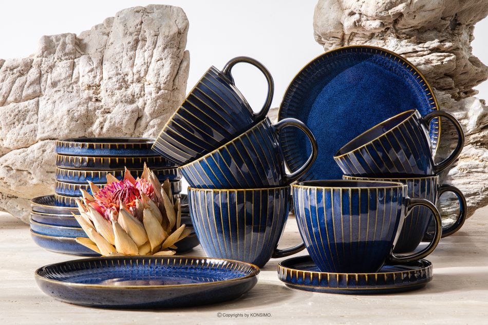 AD STRIPES Kaffeeservice Cappuccino 6 Personen (18 tlg.) aus reaktivem Porzellan dunkelblau marineblau - Foto 1