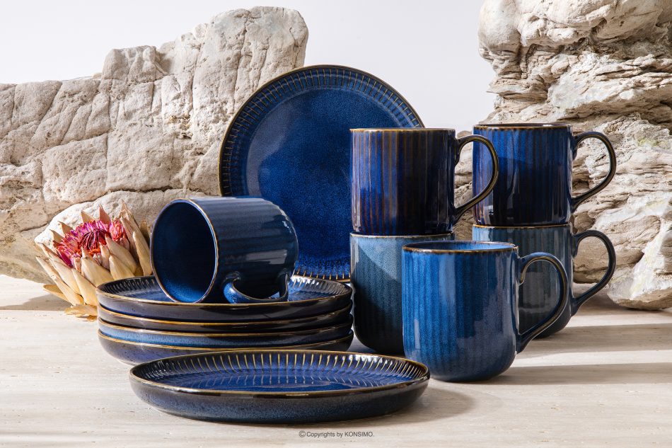 AD STRIPES Teeservice 6 Personen (12 Stück) aus reaktivem Porzellan dunkelblau marineblau - Foto 1