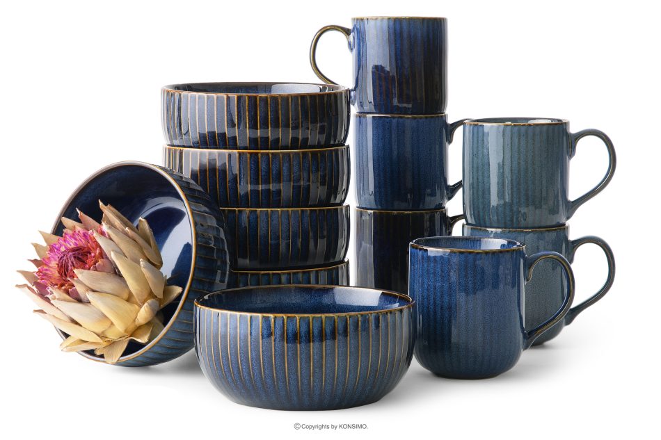 AD STRIPES Frühstücksset 6 Personen (12 tlg.) aus reaktivem Porzellan dunkelblau marineblau - Foto 0