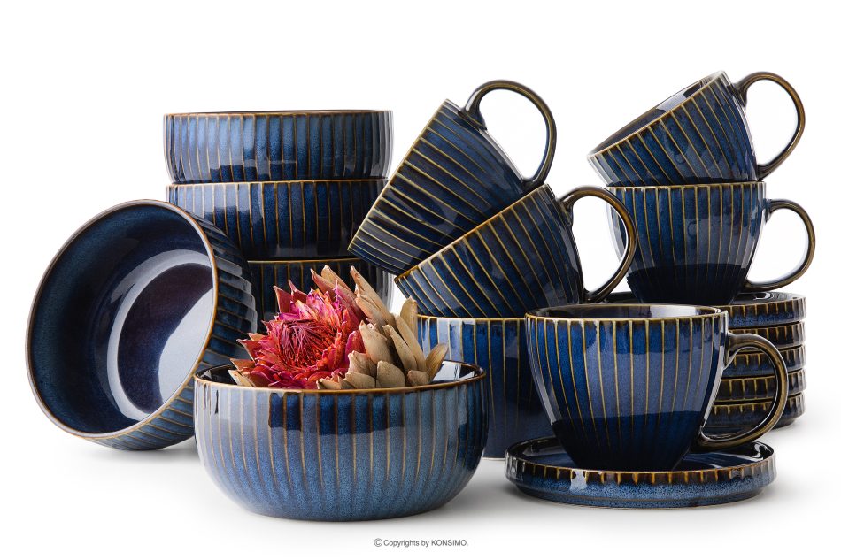 AD STRIPES Frühstücksset 6 Personen (18 tlg.) aus reaktivem Porzellan dunkelblau marineblau - Foto 0