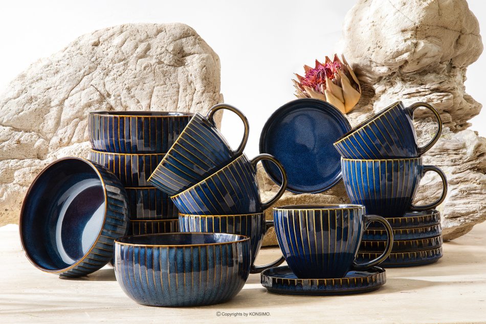 AD STRIPES Frühstücksset 6 Personen (18 tlg.) aus reaktivem Porzellan dunkelblau marineblau - Foto 1