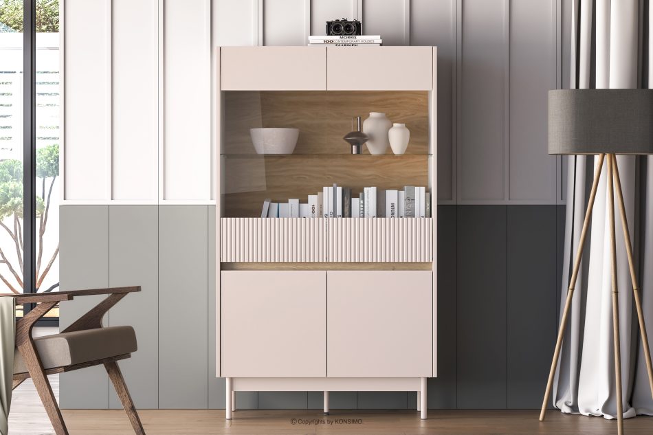 NALIA Elegante große geriffelte Vitrine creme/eiche Creme/Eiche - Foto 1