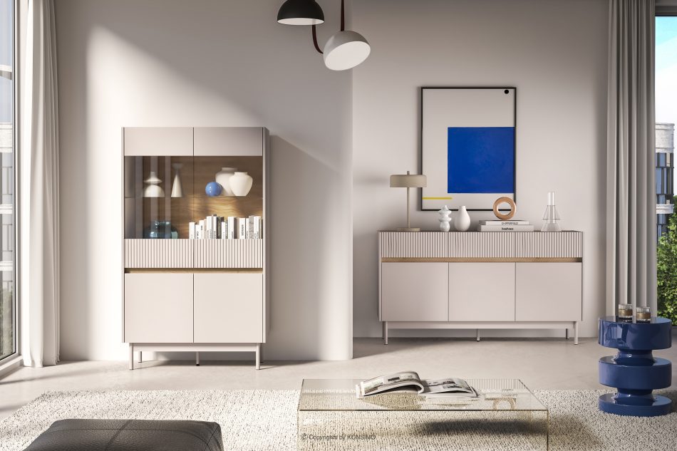 NALIA Elegante große geriffelte Vitrine creme/eiche Creme/Eiche - Foto 9