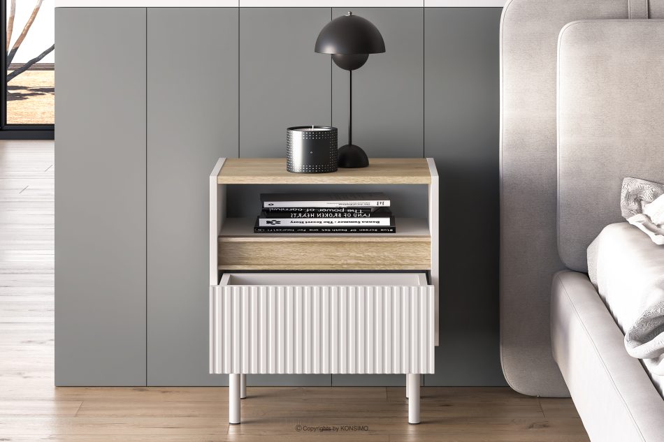 NALIA Eleganter geriffelter Nachttisch creme/eiche Creme/Eiche - Foto 4