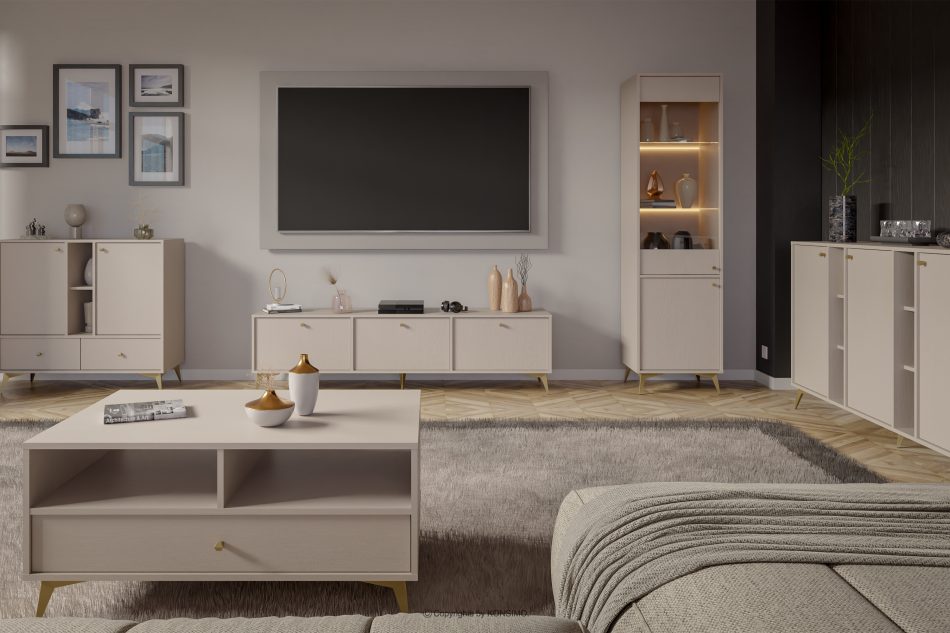 FLOREN Cremfarbener TV-Schrank auf goldenen Füßen cremefarben/goldfarben - Foto 4