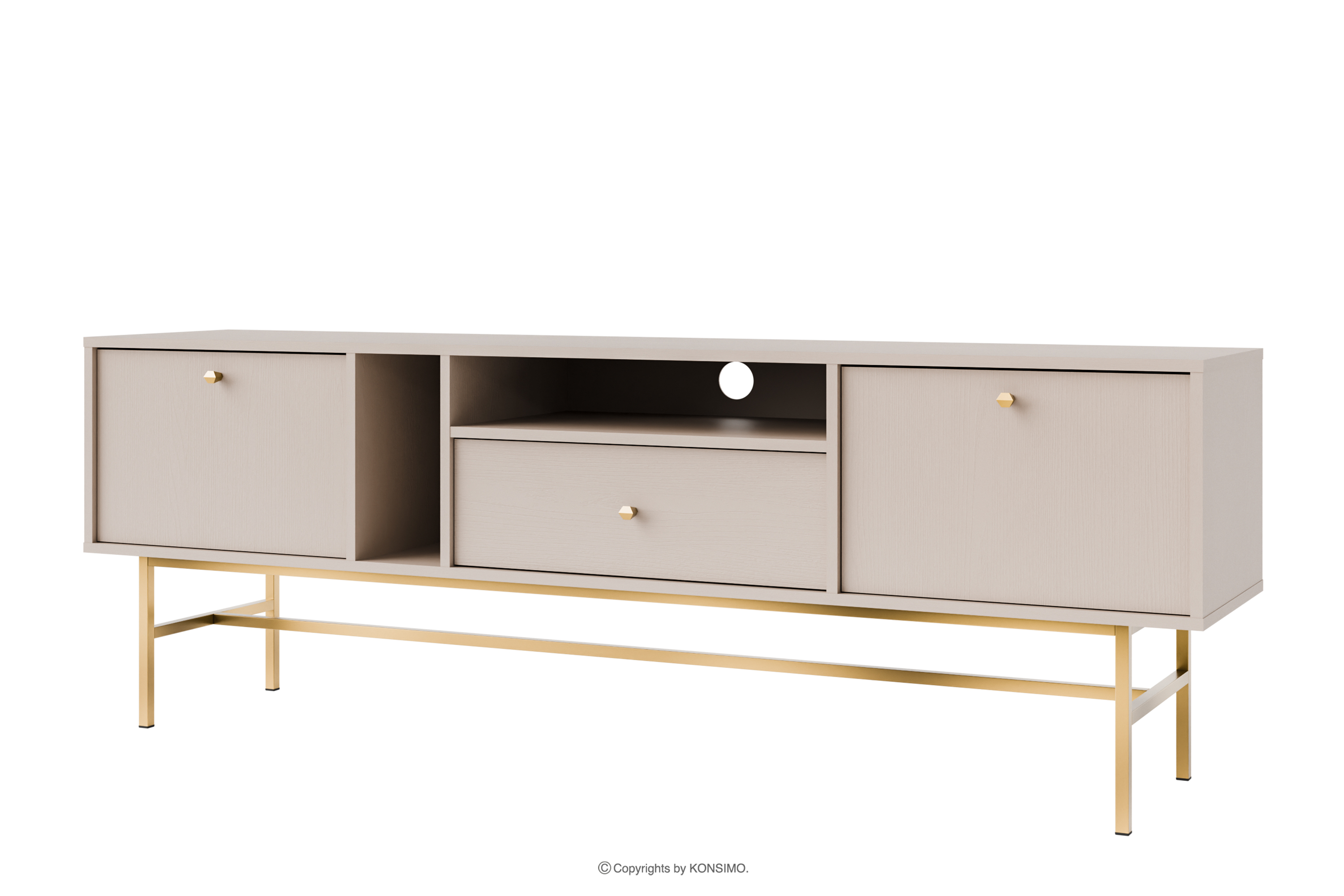 Moderner TV-Schrank auf hohen Füßen, cremefarben/gold