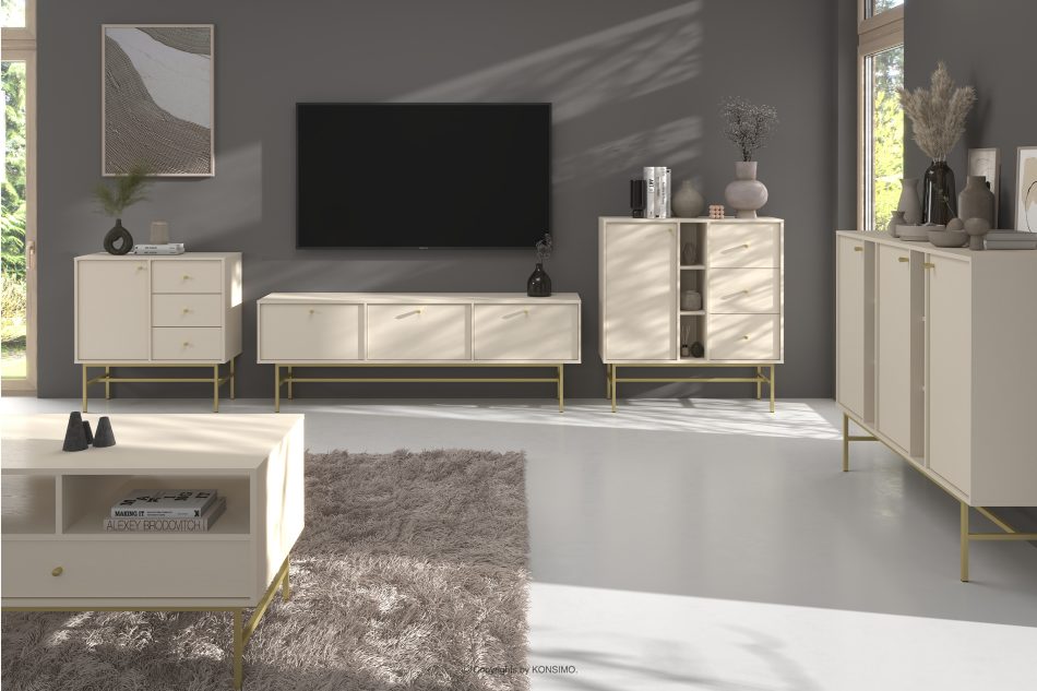 FLOREN Moderner TV-Schrank auf hohen Füßen, cremefarben/gold cremefarben/goldfarben - Foto 4
