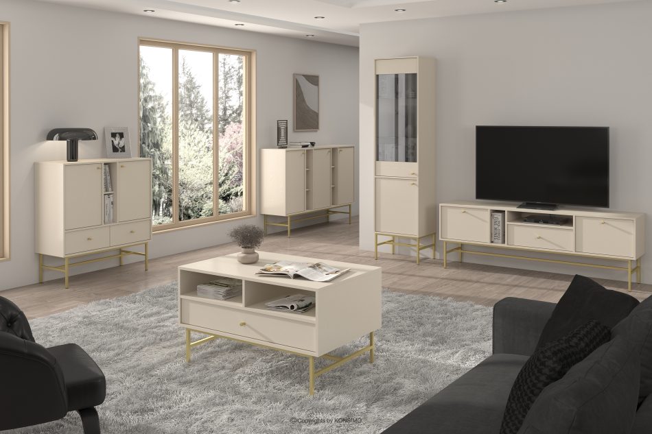 FLOREN Moderner TV-Schrank auf hohen Beinen, cremefarben/gold cremefarben/goldfarben - Foto 1