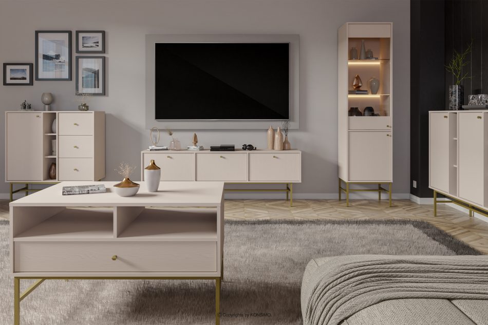 FLOREN Moderner TV-Schrank auf hohen Beinen, cremefarben/gold cremefarben/goldfarben - Foto 4