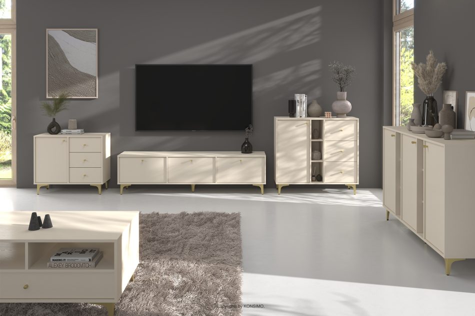 FLOREN Breiter TV-Schrank auf goldenen Beinen cremefarben/goldfarben - Foto 4