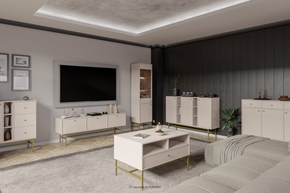 FLOREN Breiter TV-Schrank auf hohen Beinen, cremefarben/gold cremefarben/goldfarben - Foto 4