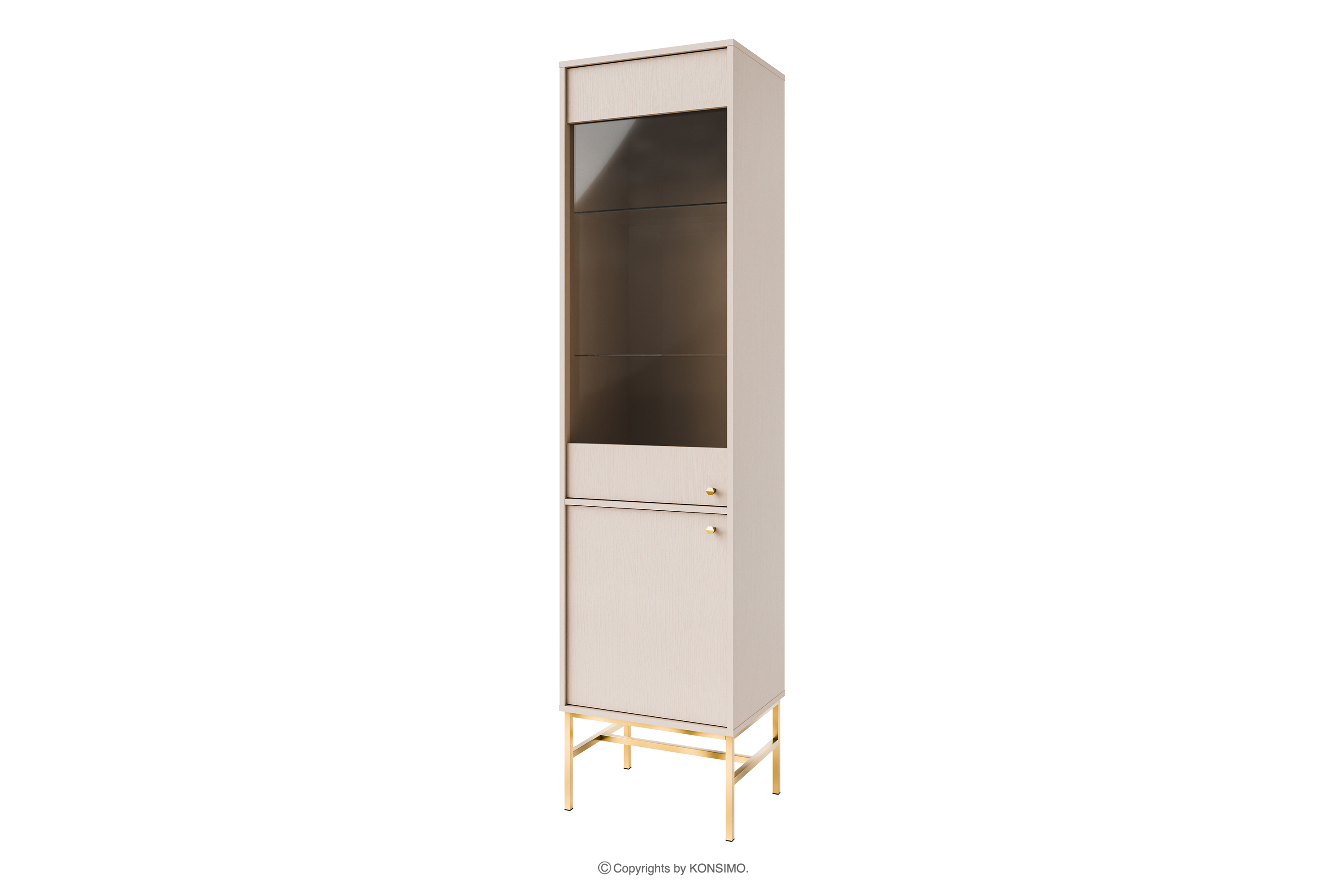 Moderne Vitrine auf hohen Beinen, cremefarben/gold FLOREN