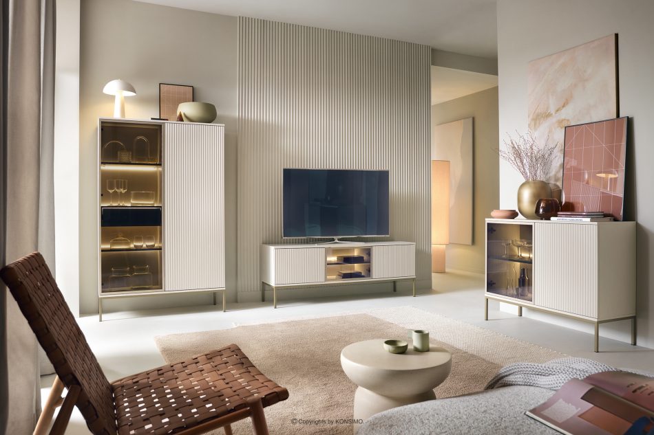 FONTE Cremefarbene Vitrine mit Lamellen auf hohen Beinen cremig - Foto 5