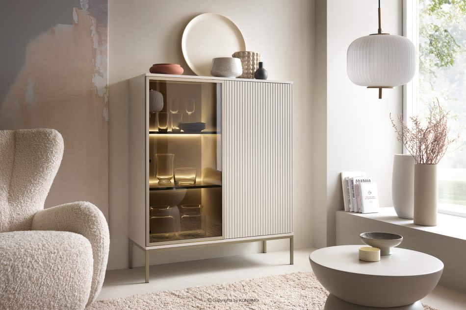 FONTE Cremefarbene niedrige Vitrine mit Lamellen cremig - Foto 1