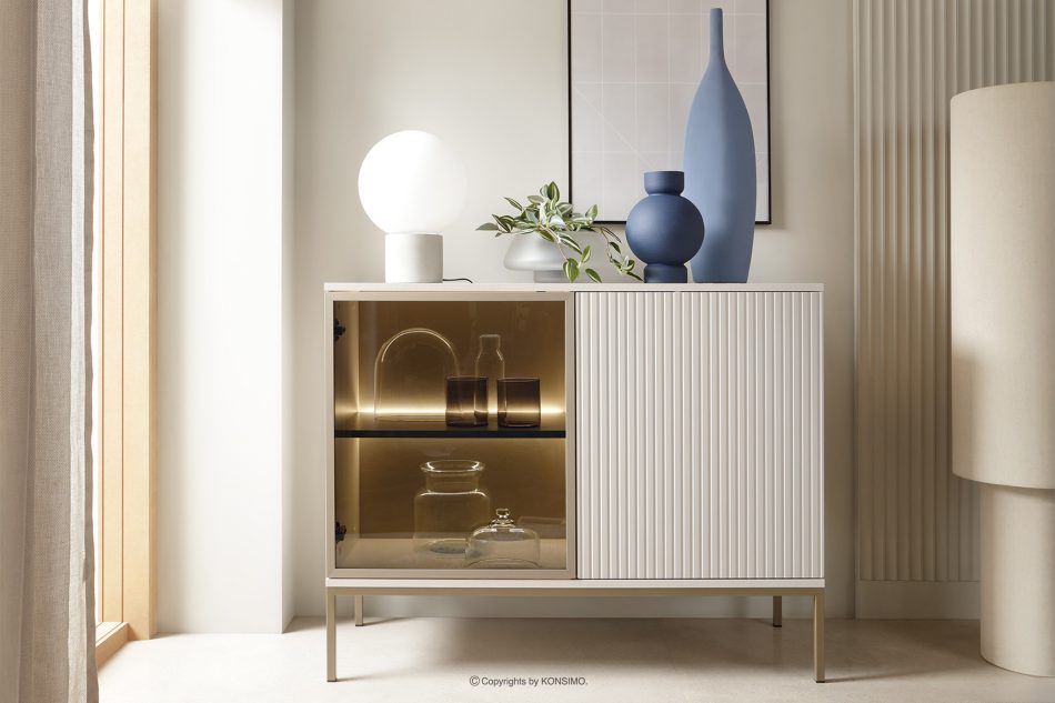 FONTE Cremefarbene Kommode mit Glastüren und Lamellen cremig - Foto 1