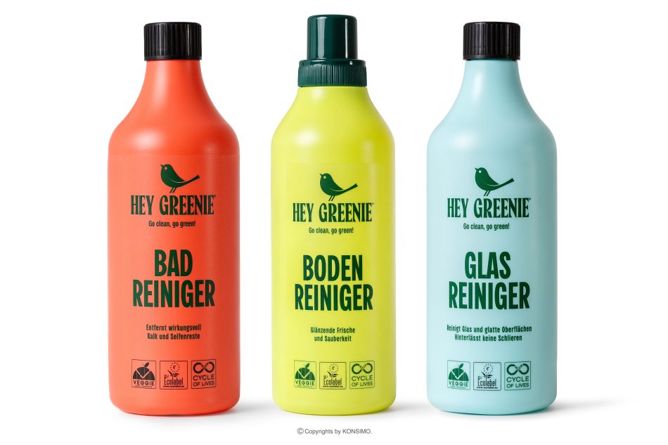 HEY GREENIE Ökologisches Reinigungsset – Reinigungsmittel für Fußböden, Badezimmer und Glas (3 Stück) gelb/rosa/hellblau - Foto 0