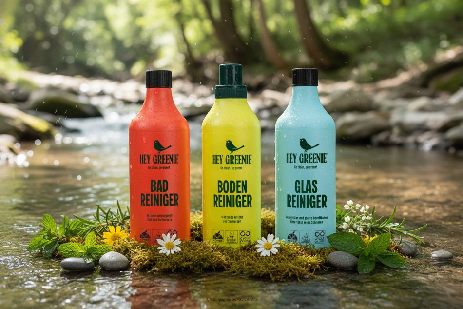 HEY GREENIE Ökologisches Reinigungsset – Reinigungsmittel für Fußböden, Badezimmer und Glas (3 Stück) gelb/rosa/hellblau - Foto 1